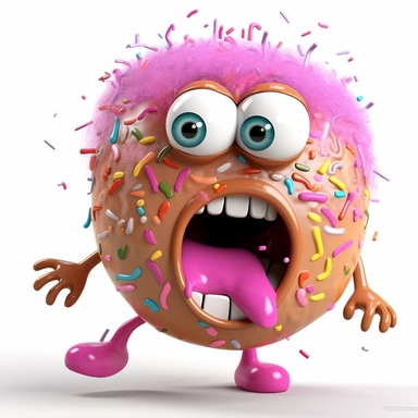 clipart of a messy donut, there is a funny face in thedonut, cartoon, for kids, funny, pixar, 8k, white background, sharp focus, detailed,