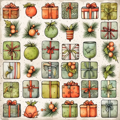 Watercolor line art, little squares filled with doodly patterns of  xmas ,ornaments and decorations , illustrations clipart set, simple, christmas colors , cartoon elements, different variants , stocking, bubble ornaments, mistletoe, holly, wreath, modern art, separate elements with a margin