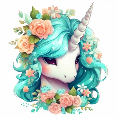a unicorn made from cute floral flowers clipart, in the style of kawaii aesthetic, digital airbrushing, junglecore, 8k, charming anime characters, tondo, white and cyan