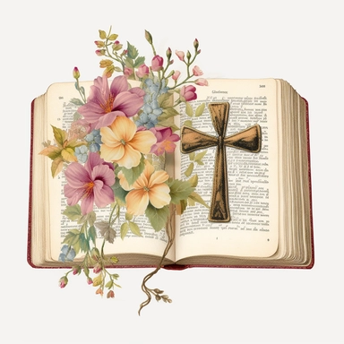 open bible with flowers and crosses, clipart, white background-- s 250 q 2