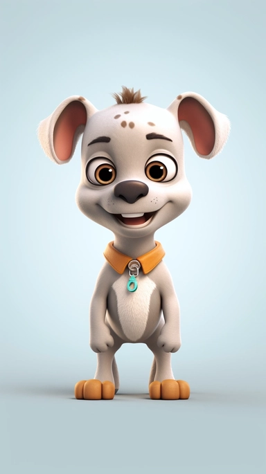 Front view of an animated dog standing wearing a t-shirt character design, full body, face drawing in top quality, high quality face drawing, clipart, full illustration, 4k, sharp focus, silky skin. soft, symmetrical, detailed face, concept art, fairytale style, chibi kawaii . Octane rendering, 3D, perfect face, detailed face, delicate face, perfectly sharp lips. , detailed eyes