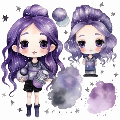 watercolor funny create kawaii marbled black ,silver, purple chibi school spirit clipart, isolated on white background,space out--ar3:2--s1000