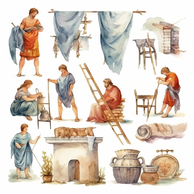 Watercolor well roman people weaving cloth , illustrations clipart set, simple, , cartoon elements, different variants , , marble elements, separate elements with a margin