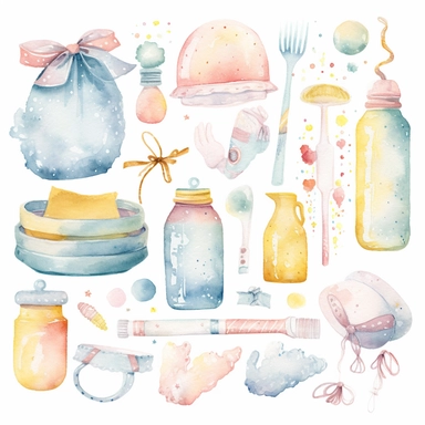 Create a watercolor clipart set featuring a variety of baby items, such as bottles, pacifiers, rattles, and blankets. Use soft, pastel colors and delicate lines to capture the innocence and sweetness of infancy, white background