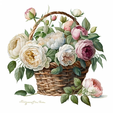 realistic hand painted watercolor of a basket of David Austin English roses, clean white background, clipart