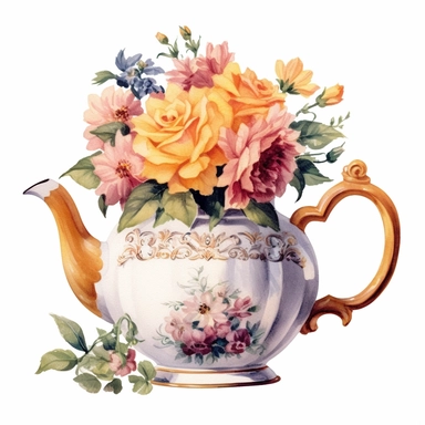 vintage floral tea pot watercolor clipart, white background