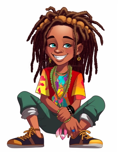 cute cool smiling black boy with wild colorful dreadlocks, sitting, chibi style, jewelry, hip hop clothing, hands in pocket, clipart, whole body, white background,