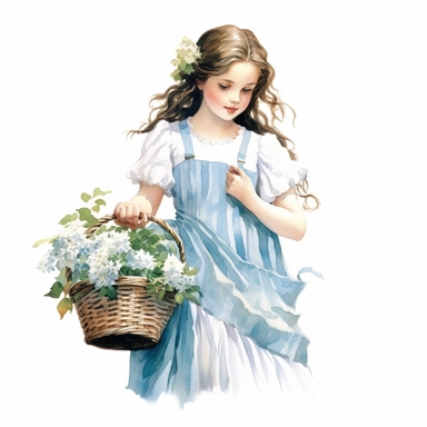 watercolor, hyper realistic, white background, white margins, 16k, ultra detailed clipart, cut out image, hand-drawn a female in a dress with flowers and basket in front of her, in the style of dark white and light blue, children's book illustrations, soft watercolours, pictorial fabrics, light emerald and light brown, light white and light blue, magical, backview