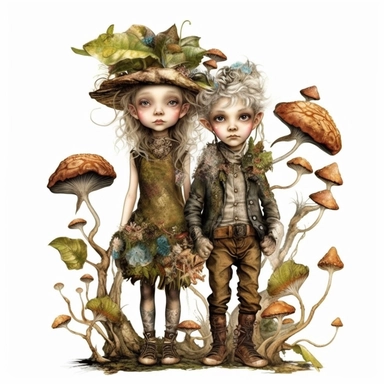 kids as forest elves, naturalistic, opulent, rich, surreal, white background, clipart