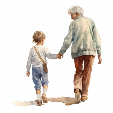 Cute Beautiful Grandma And grandson Is Going Full Body Back View Watercolor Clipart,Cartoon, hyper realistic, intricate detail, illustration style,high solution,on the white background