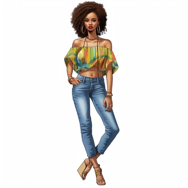 ultra realistic, hand drawn, clipart, The woman you're describing has a bold and confident sense of style. She's wearing a pair of torn denim jeans that fit her perfectly and add a touch of edge to her outfit. Her off-the-shoulder African print halter top is colorful and vibrant, with a bold pattern that draws attention to her shoulders and neckline. The halter top is designed to accentuate her figure, and she wears it with confidence and ease. To complete her outfit, she's chosen a pair of high