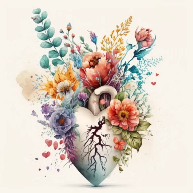 Generate a beautiful digital watercolor clipart illustrating flowers growing from a human heart, replacing the traditional vase. The art should evoke a sense of spring, with a variety of flowers in vibrant, spring-like colors. The heart from which the flowers grow should be detailed and realistic, adding a touch of whimsy and symbolism to the piece. The flowers should bloom from the realistic heart, they should bloom and be beautiful. A lot of flowers, spring vibes.