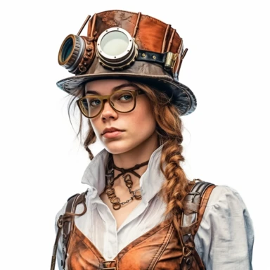 Solid white background. Waist-up portrait of a beautiful steampunk lady with a captivating gaze and a gentle smile. Her radiant white skin tone complements her traditional copper and rust attire, reflecting Victorian sophistication with steampunk mechanics. Her hat, featuring built-in goggles, adds to her look. No steampunk elements in the background. Pastel clipart, hyper-realistic, retro-futurism, solid white background