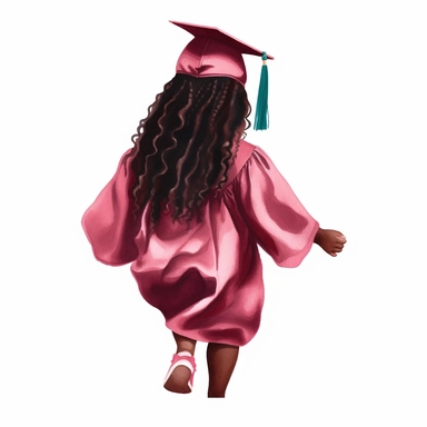 a black toddler girl graduate, with long braids, wearing a burgundy graduation cap and gown, 3k graduation, backview, dancing, faceless, bold watercolor clipart