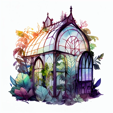 on a white background for a clipart realistic and detailed whimsical deep and bright color watercolor and black ink illustration in the 2d anime style. a glass greenhouse in art deco style. Add magic vegetation, magical details and mystical atmosphere. plants are everywhere