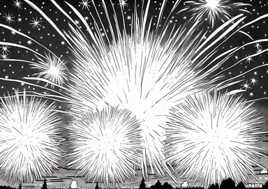 b&w lineart, white background, picture, coloring book style, only draw outlines, clean coloring book page, No dither, no gradient, strong outline, No fill, No solid, tshirt design graphic, Fourth of July, fireworks clipart