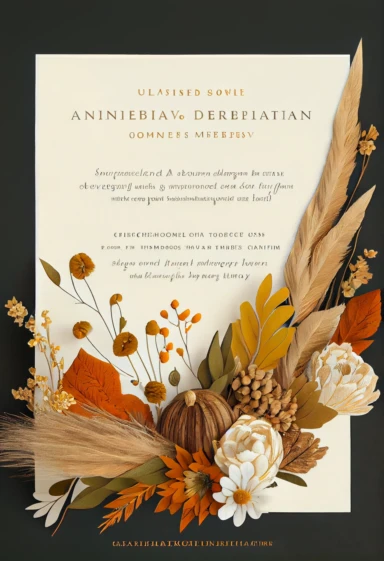 beautiful, intricate, sharp focus, light orange, tan, and brown fall colors, incorporate small thanksgiving pumpkins, turkey feathers, thanksgiving holiday invitation with white fluffy tail flowers,white wintergreen berries, dried grasses, dried leaves, dried flowers, show entire invitation, no border, clipart, on white background, flat lay, extreme detail, wedding invitation,