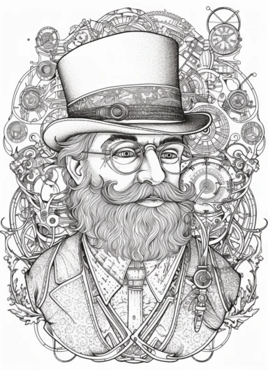smiling and distinguished senior man portrait beard and mustache without glasses, dressed in steampunk elements, line art for coloring book, black and white, line art, coloring page, printable, thin lines, no details, no shadows, sharp lines, illustration, vector, clipart, white background