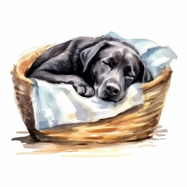 watercolor clipart image, black labrador retriever sleeping in dog bed, white background