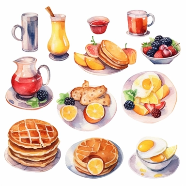 Hyper realistic, watercolor style breakfast clipart variations, toast, egg, sausage, waffles, mushrooms, coffee, orange juice, pancakes and fruit on a white background