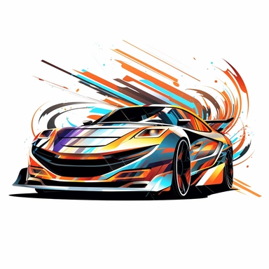 Contemporary and vibrant vector clipart featuring a stylized Drift car, represented by bold lines and abstract shapes, highlighting the car's distinctive design and speed, suitable for use in logos, icons, or racing-related infographics, on a clean white background