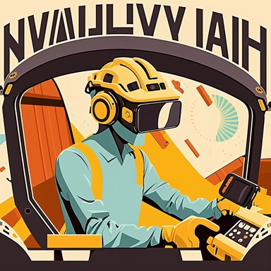 excavator cockpit, worker wearing vr headset, virtual reality hmd, poster, simplistic, abstract, vector, 2d illustration, clipart, few colors