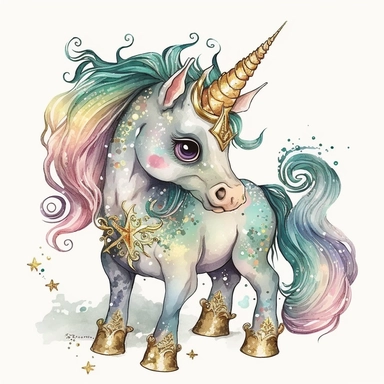 fantasy baby unicorn, clipart watercolor illustration, aquarallist, cute, big eyes, pretty green, unicorncore, fairycore, free brushwork, watercolor, light and bright, four legs, gold horn, sparkle, skarklecore, detailed, isolated on a white background,