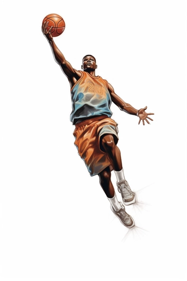 Floater: A floater is a mid-range shot used to avoid shot blockers near the basket. Create clipart images illustrating players releasing the ball with a soft touch while jumping or running towards the basket. is drawn in watercolor paint,against white background, in the style of hyperrealistic pencil drawings, jocelyn hobbie, highly realistic, eye-catching, hyper-realistic pop, valentin serov