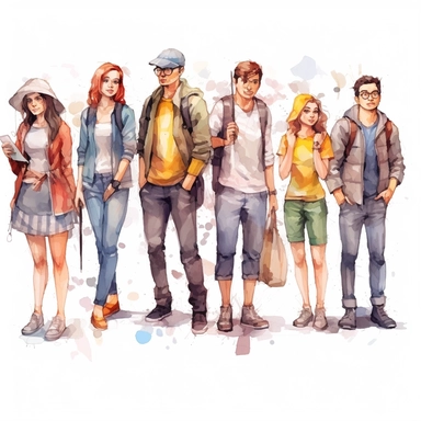 watercolor, People Group Different Job Set, png Full body realistic cartoon in 32K UHD cute. 15 cm thick outline. Black color. There was no shadow on the ground. 8k with realistic watercolors and detailed illustrations. PNG clipart, transparent white background