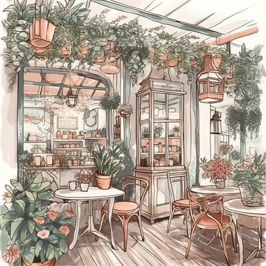 ultra realistic commercial shot of watercolor illustration style of cute cafe with clothed tables and french vibes clipart, floral glowing plants clipart, delicious pastry, illustration style, 8k trending in etsy, super bright vivid, svg, white background, art nouveau art style, ink contour