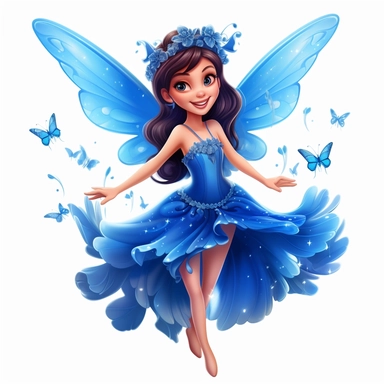 a beautiful smiling fairy girl, royal blue dress, big fairy wings, lovely butterflies all around her, pixar style, full body image, clipart, white background