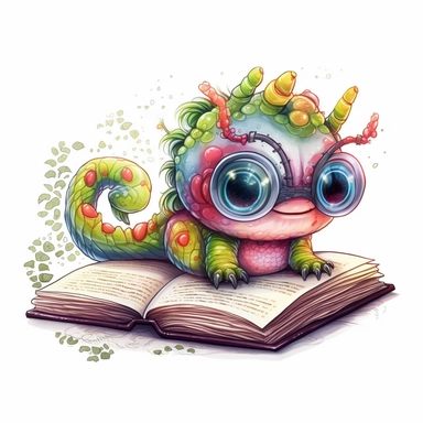 kawaii adorable fantasy book worm wearing cute glasses, nursery art, clipart image, line art image, white background, inspired by yoshitaka amano art, very detailed, 8k