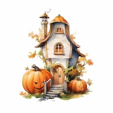 watercolor A clip art image featuring with pumpkin fairy house isolated white background, minimalist, 8K, c20