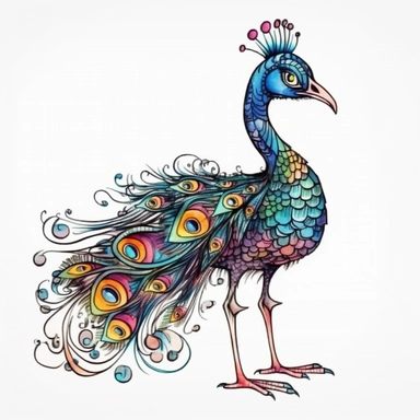 Funny colorful cartoon peacock like a pompon clipart with big beautiful eyes and long beautiful legs, distinct fine details, watercolor technique, black contour lines