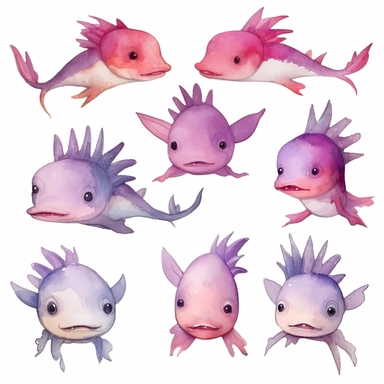 Watercolor Axolotl, Various expressions and emotions, clipart, isolated on white background