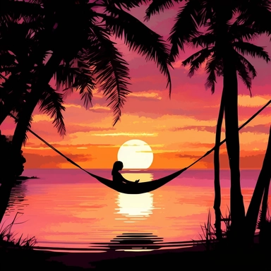 Design clipart featuring a breathtaking Thai beach at sunset with a woman enjoying a floral-decorated hammock Descriptive Keywords: Thai beach, sunset, woman, hammock, floral decorations, breathtaking view Style of Photograph: Ultra high definition, vibrant and colorful floral elements, lively and immersive scene