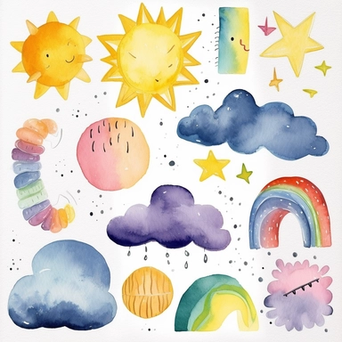 watercolor clipart graphics, weather theme, clouds, sun, rain, moon, wind, snow, lightning, sun, rainbow isolated elements, cohesive sticker set