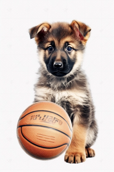 cute baby german shepherd basketball player, unique, clipart, adorable, watercolor, realistic, 8k, high quality, no background