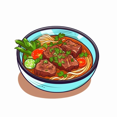 Bún bò Huế: Spicy beef noodle soup from the central region of Vietnam. , simple illustration, cartoon vector style, clipart, white background