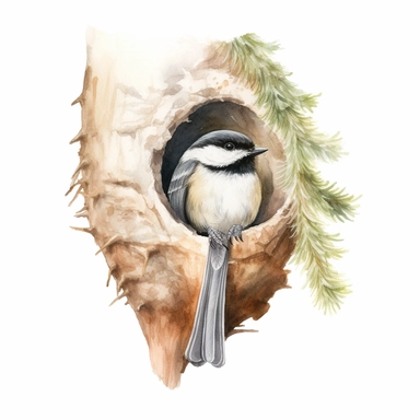 realistic watercolor chickadee ready to take off from the tree bunk, on white background, spaced out, clipart