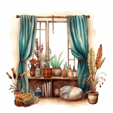 A boho style home dressing room with watercolor effect, boho style tools, boho style big window, , boho style details, boho colors, suitable for digital clipart, white background, boho style green plants, boho flowers