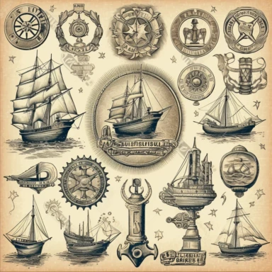 maritim symbols, vintage, clipart, 8k, high detail, white background