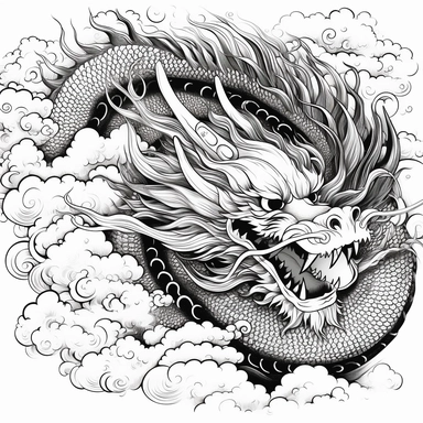 black and white dragon in a cloud with clouds design clipart, in the style of meticulous linework precision, elaborate kimono, joong keun lee, thick texture, ornate complexity, hand-coloring, intricate storytelling, clipart cut file cuttable cricut vector, white background