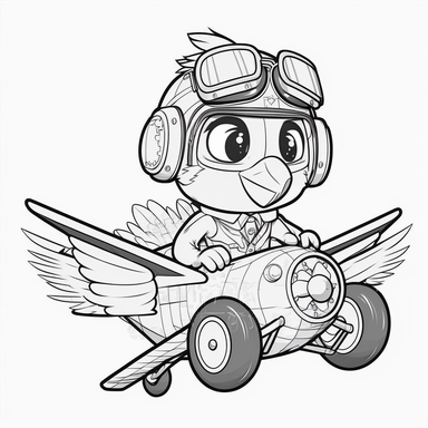 black and white hyper specialyzed coloring page for kids, chicken pilot a realistic biplane with clear background, white background, hand drawn line art, clipart, no fill, no dither