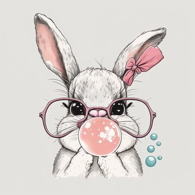 Cute adorable rabbit bunny with bubble gum, pink eyeglass, watercolor illustration Clipart