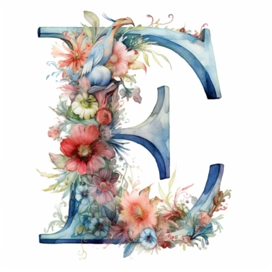 Watercolor illuminated initial, letter E , Clipart, E, witchy, magical, whimsical , white background, png