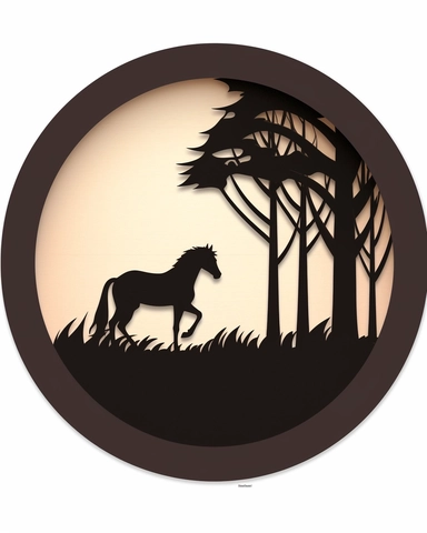 a circle with horse inside it SVG Papercut Template, svg cut files, Silhouette, Clipart Vector, flat black lines on white background, Cricut, in style of foxsister