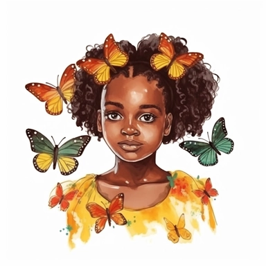 Cute Beautiful Red yellow green juneteenth Girl And Butterfly Watercolor Clipart,Cartoon, hyper realistic, intricate detail, illustration style,high solution,on the white background