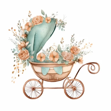 CLIPART, cute, boho baby carriage illustration, newborn, nursery, maternity, texture