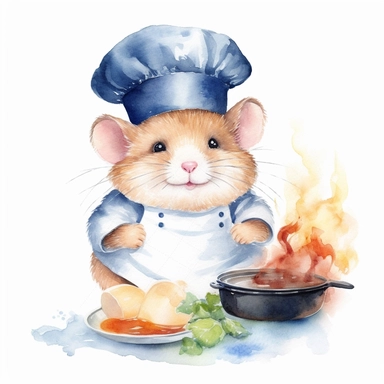watercolor clipart, A cute, chubby hamster wearing a chef's hat is cooking pancakes, white background, high solution